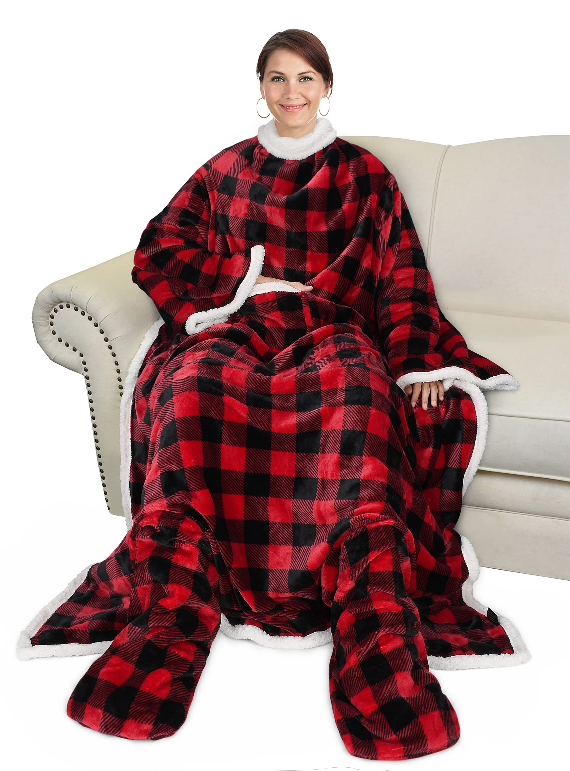 DeluxeComfort.com Deluxe Comfort My Cozy Blanket Wrap - Hot and Cold  Thermal Blanket Spa Wraps with Sleeves - Blanket with Sleeves Super Soft  Fleece - One Size Fits Most - Blankets, Blue, image size:1848x2500