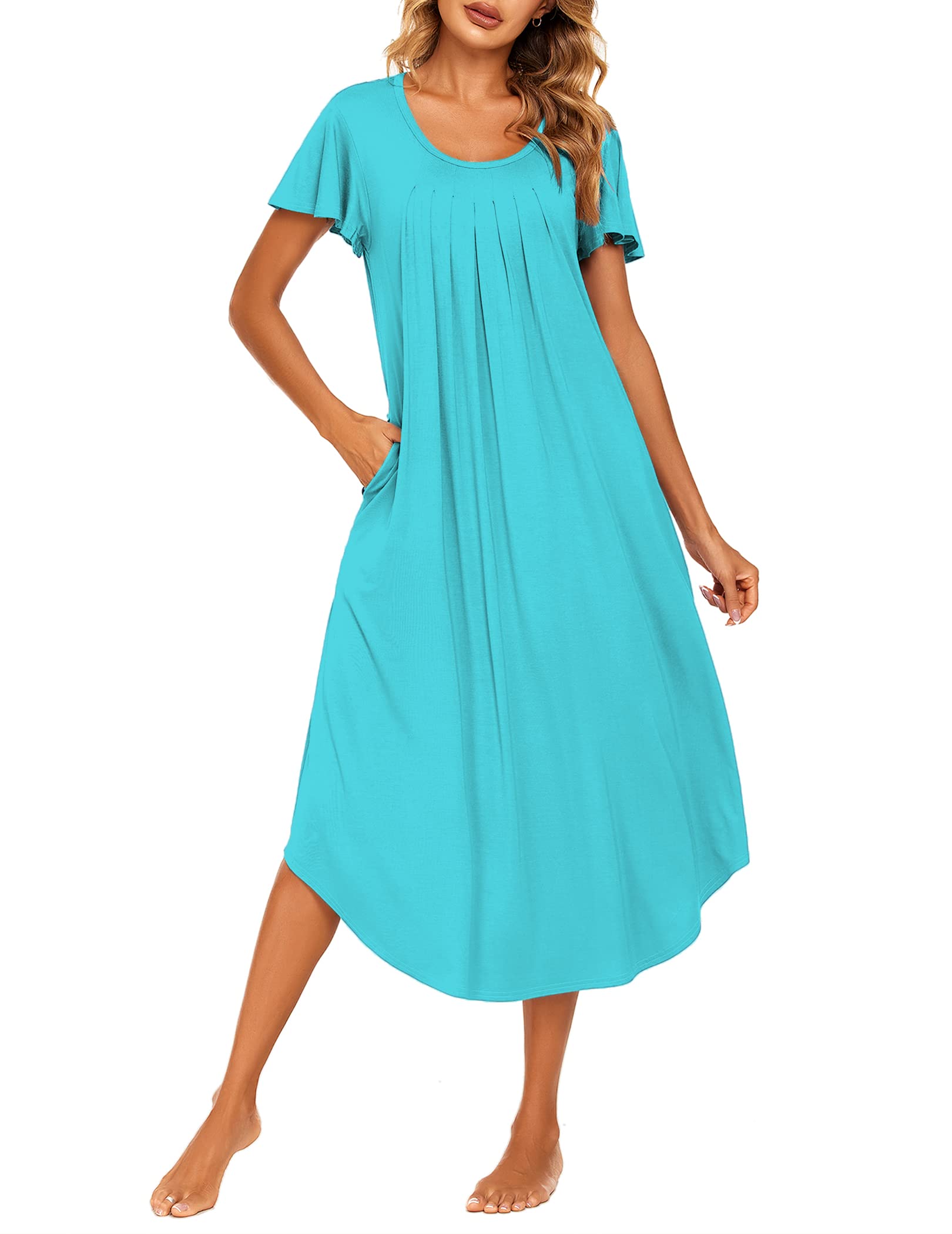 Ekouaer Womens Soft Nightgown Long Sleepwear Short Flare Sleeves Loose NightShirt Pleated Sleepdress Peacock Blue 2XL