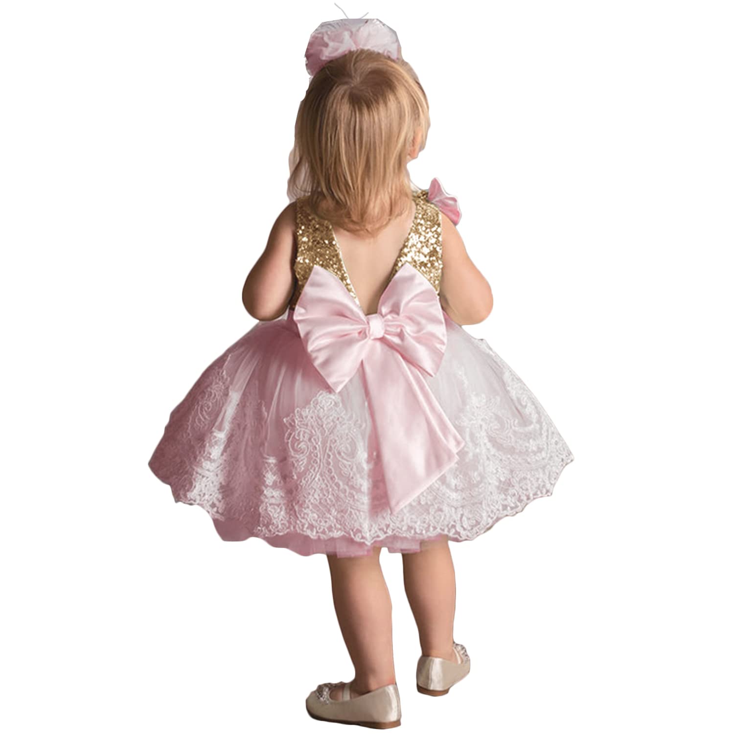 NNJXD Baby girl Dress Pageant Party Dresses Bowknot Toddler girls Lace christening Princess 2004 Pink Size (120) 4-5 Years