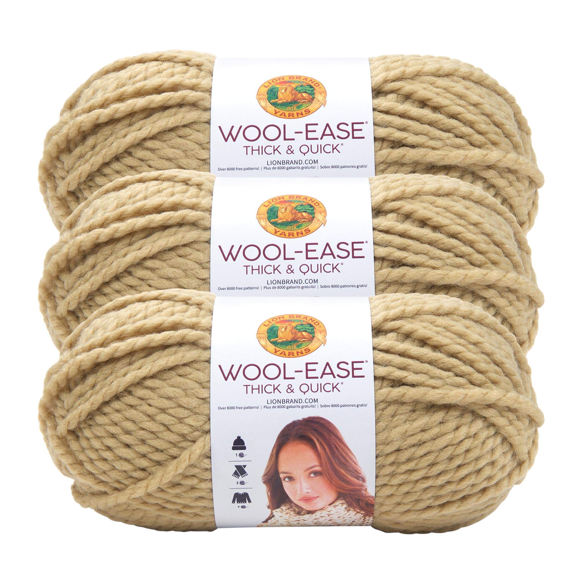 Lion Brand Yarn Wool-Ease Thick & Quick Yarn, Soft And Bulky Yarn For Knitting, Crocheting, And Crafting, 3 Pack, Peanut