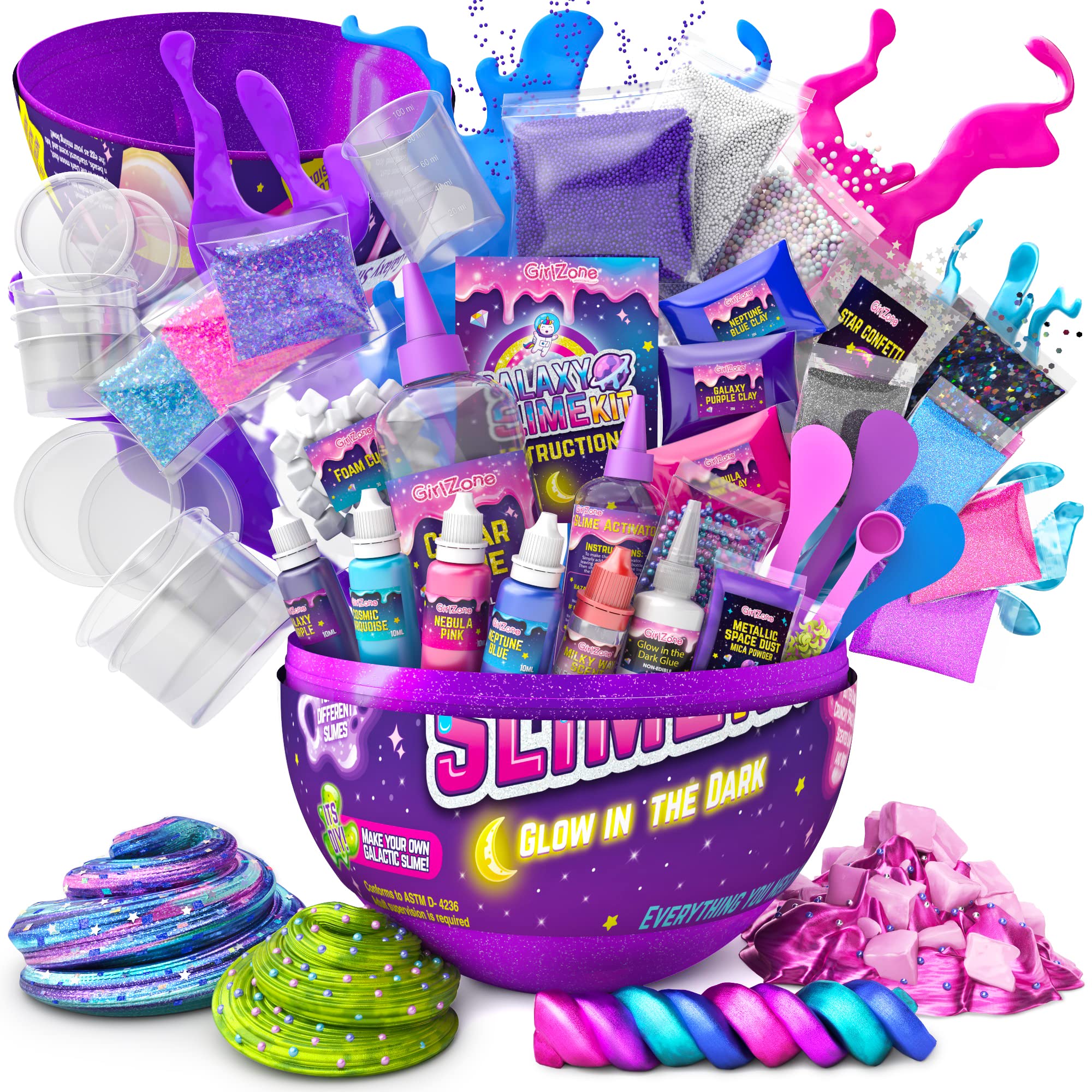 GirlZone girlZone Egg Surprise galaxy Slime Kit for girls, Measures 95  Inches High, 41 Pieces to Make DIY glow in The Dark Slime with Lot