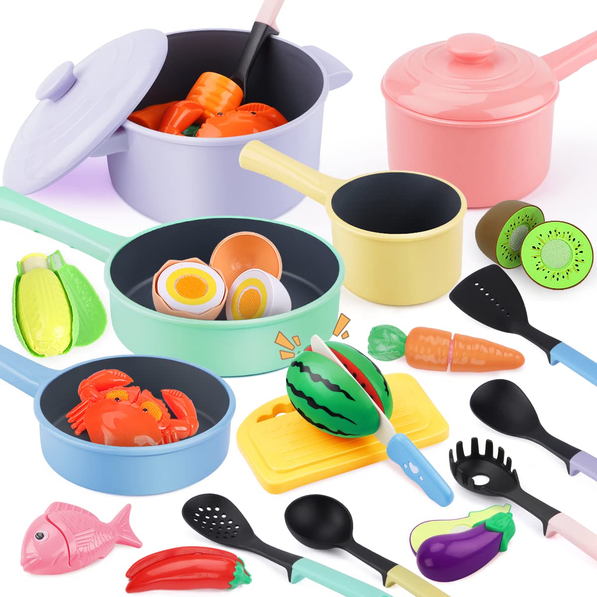 gILOBABY Play Kitchen Accessories, Play Food Sets for Kids Kitchen Playset with Pots and Pans Set, cooking Utensils, Montessori 