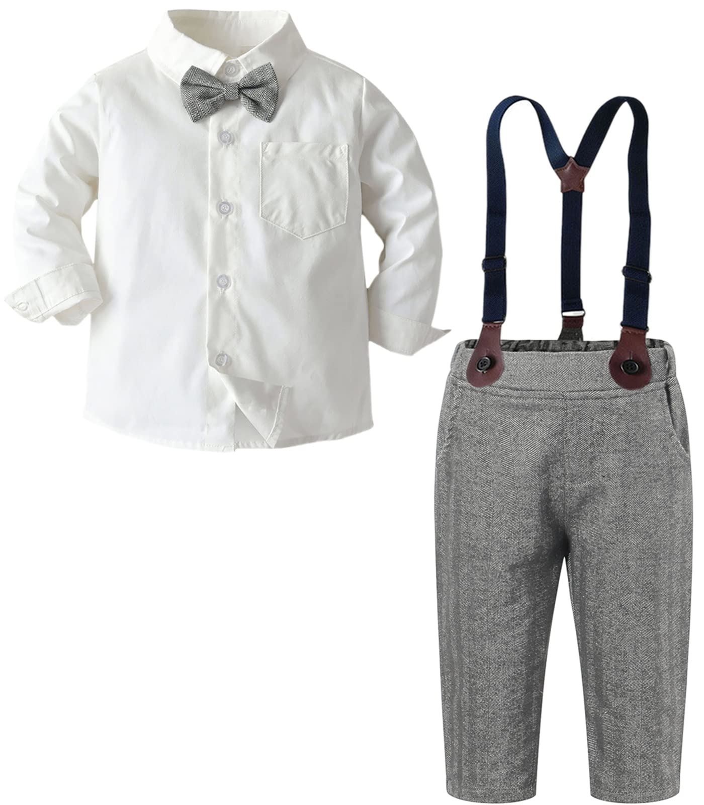 Sangtree Baby Boys Clothes, Long Sleeve Button Down Dress Shirt With Bowtie Suspender Pants For Boy 7 White, Tag 110 2-3T
