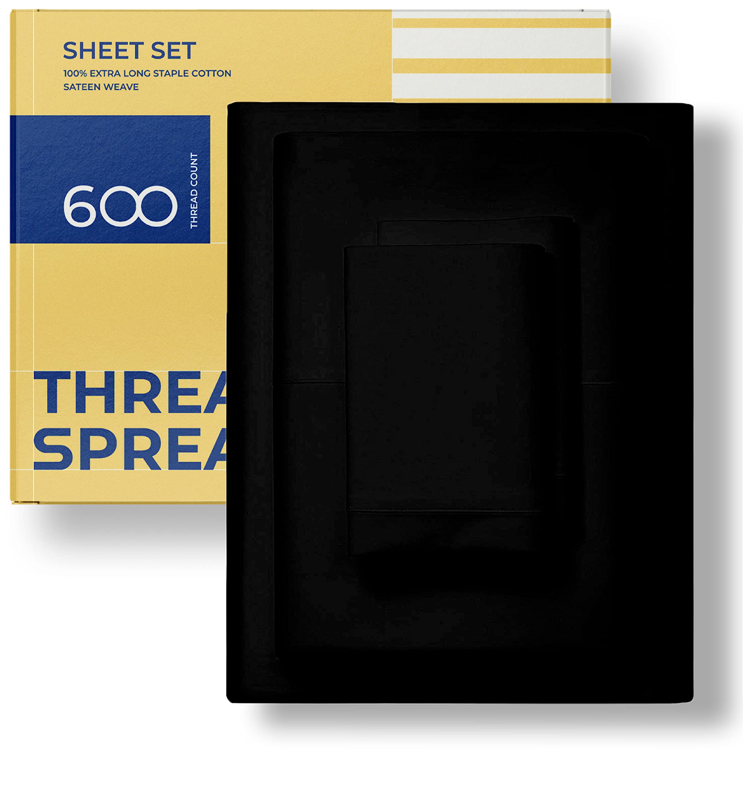 THREAD SPREAD 100% cotton Queen Size Sheet Set - 600 Thread count 4 Piece Set - Hotel Luxury Bed Sheets - Deep Pocket - Easy Fit