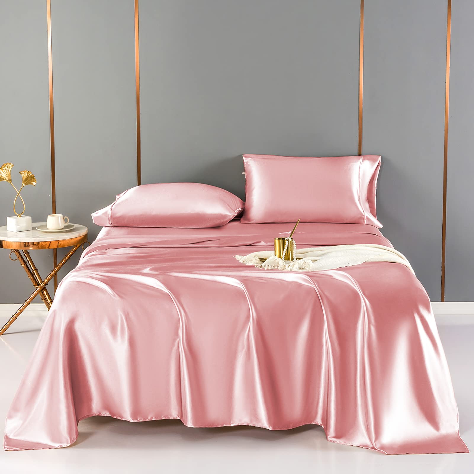 HENgWEITEXT Pink Satin Sheets - 4 Pcs HENgWEI Queen Size Silky Bed Sheet Soft Luxury Satin Sheet,Wrinkle-Free,Stain Resistant Bed Satin Shee