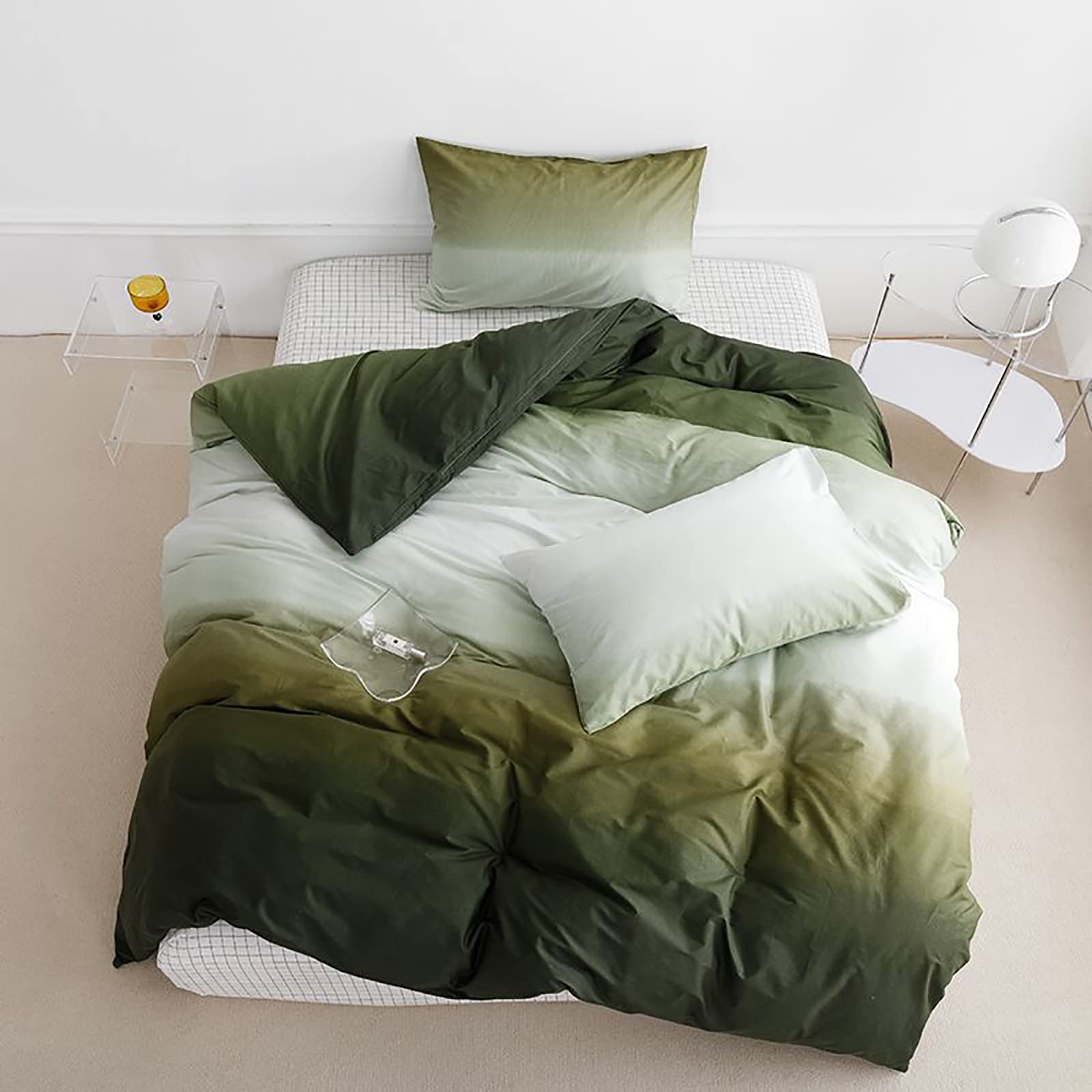 Luxlovery Gradient Green Comforter Set Full Cream White Bedding Comforter Set Beige White Minimalist Bedding Set Cotton Soft Bre