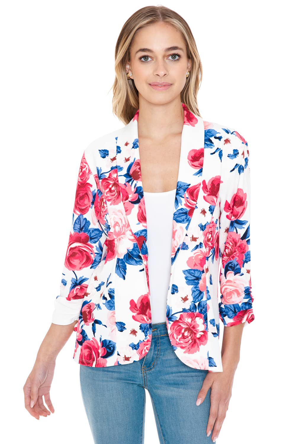 Minefree Womens 34 Ruched Sleeve Lightweight Work Office Blazer Jacket Floral Flower Flivory 2Xl