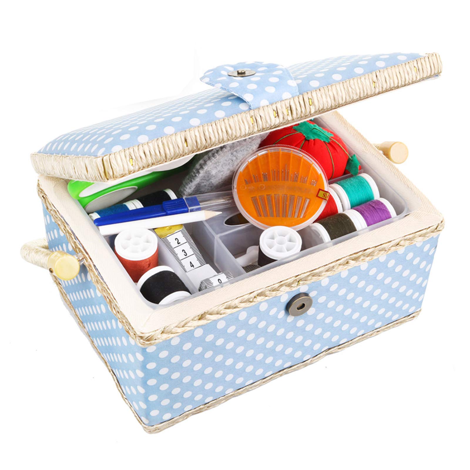 COMFECTO Basic Sewing Basket with complete Sewing Kit Accessories Included  Wooden Beginners Sewing Kits with Removable Tray and Tomato Pi