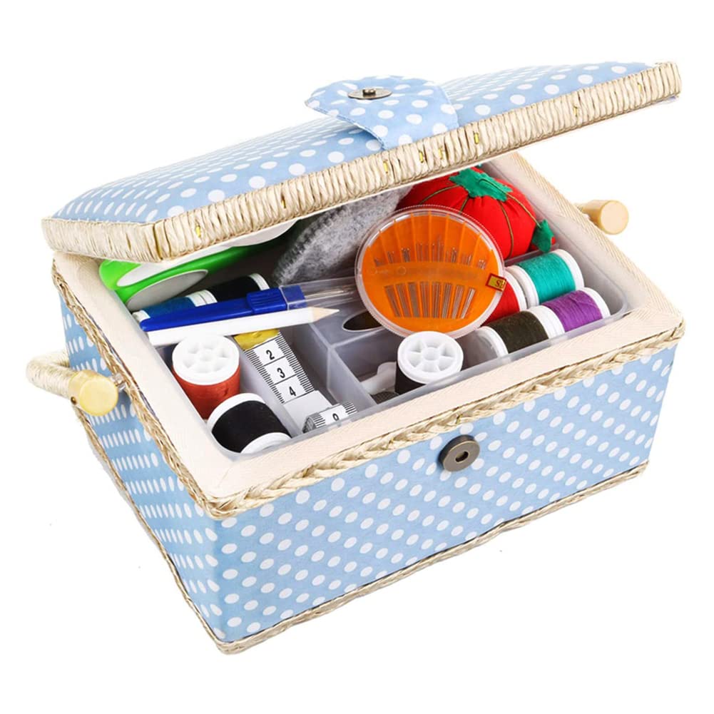 COMFECTO Large Sewing Basket with Accessories Sewing Kit Storage and Organizer with complete Sewing Tools - Wooden Sewing Box with Remova