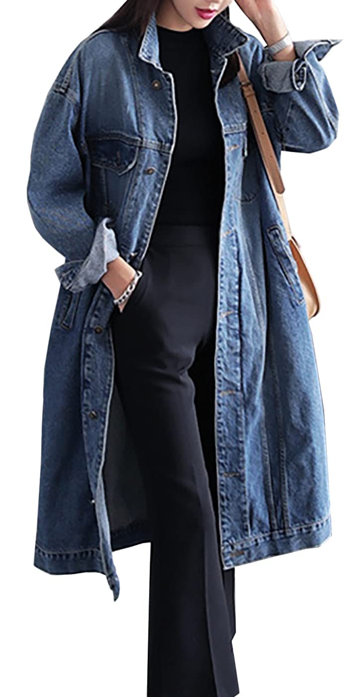 Jofemuho Womens classic Long Jean Jacket Plus Size Loose Long Sleeve Button Down Denim Jacket Trench coat Blue XL