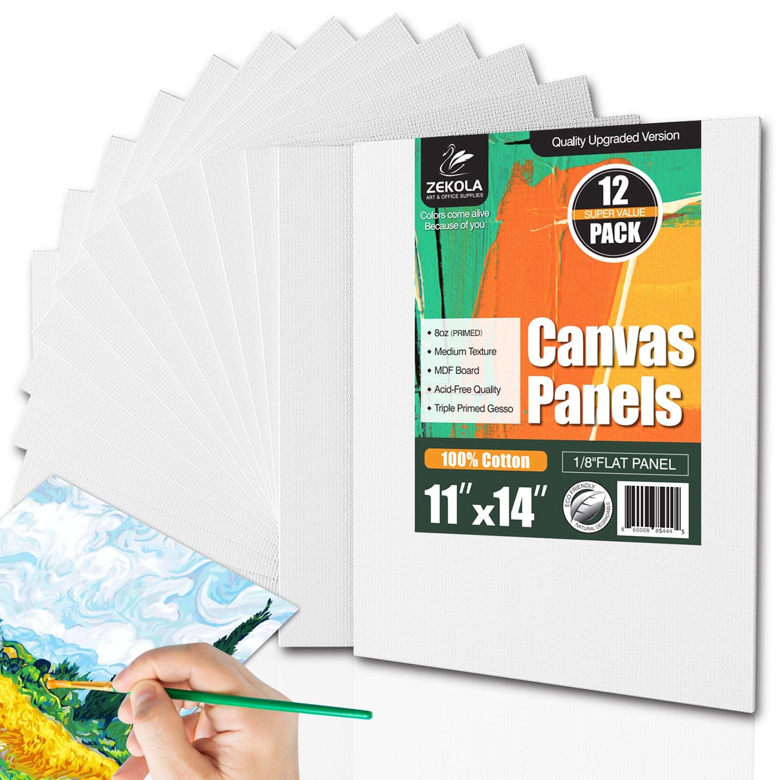 Zekola Painting canvas Panels 11x14 inch 12 Pack, Flat canvases for Painting  8oz Triple Primed 100 cotton Acid-Free Blank Art Paint can