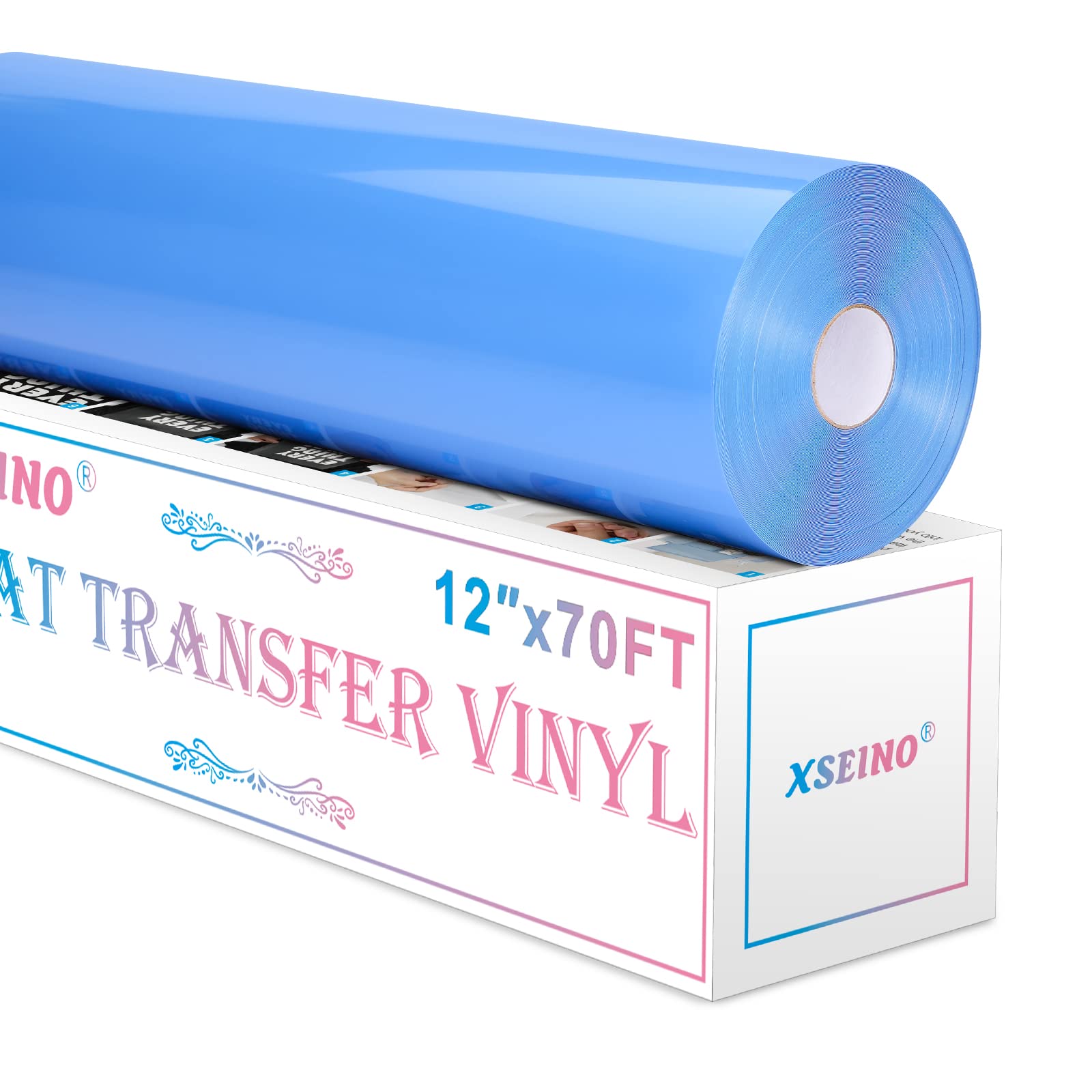 XSEINO Heat Transfer Vinyl Roll, 12 x 70FT PU HTV Vinyl Roll with Teflon for Shirts,SkyBlue Iron on Vinyl Roll for cricut and Al
