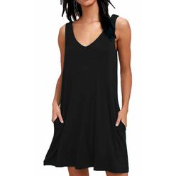Misfay Womens Summer Casual T Shirt Dresses Beach Cover Up Plain Tank Dress With Pockets (2Xl, Black)