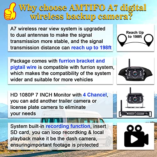 AMTIFO A7 HD 1080P Digital Wireless Backup Camera with 7 Inch DVR Monitor 2021 Newest Version High-Speed Rear View Observation S