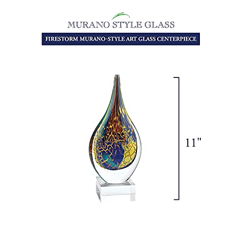 Badash Firestorm Murano-Style Art Glass Centerpiece - 11" Tall Mouth-Blown Teardrop Glass Sculpture on Crystal Base - Contempora