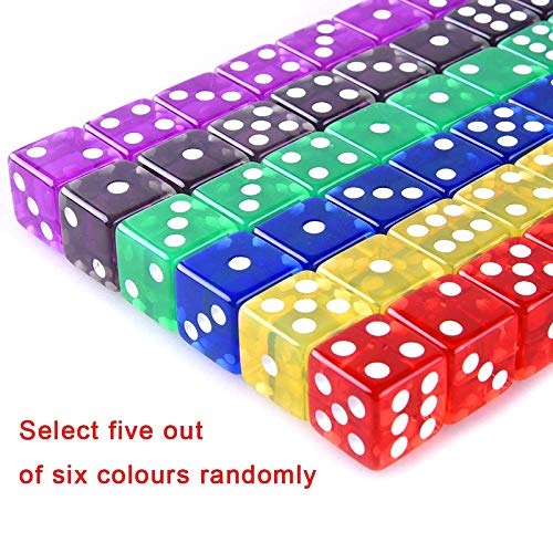 AUSTOR 50 Pieces Game Dice Set 5 Translucent Colors Square Corner Dice for Tenzi, Farkle, Yahtzee, Bunco or Teaching Math with V