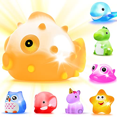JASNKKONT Bath Toys, 8 Pcs Light Up Floating Rubber animal Toys set, Flashing Color Changing Light in Water, Baby Infants Kids Toddler Chi