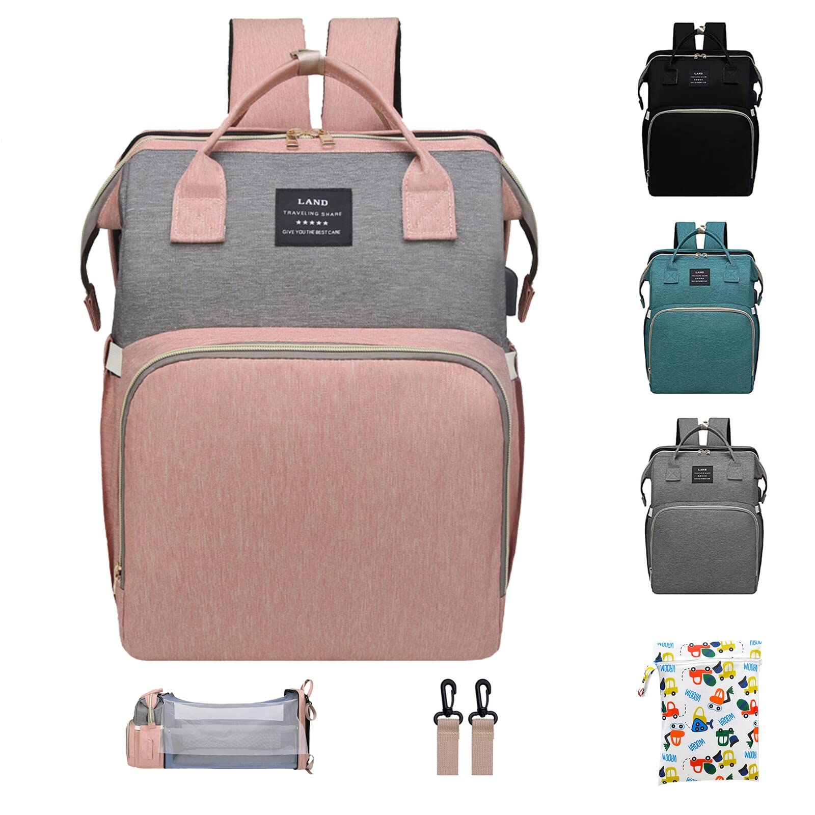 ANWTOTU Diaper Bag Backpack,7 in 1 Travel Diaper Bag,Mommy Bag With USB charging Port (Pink-grey)