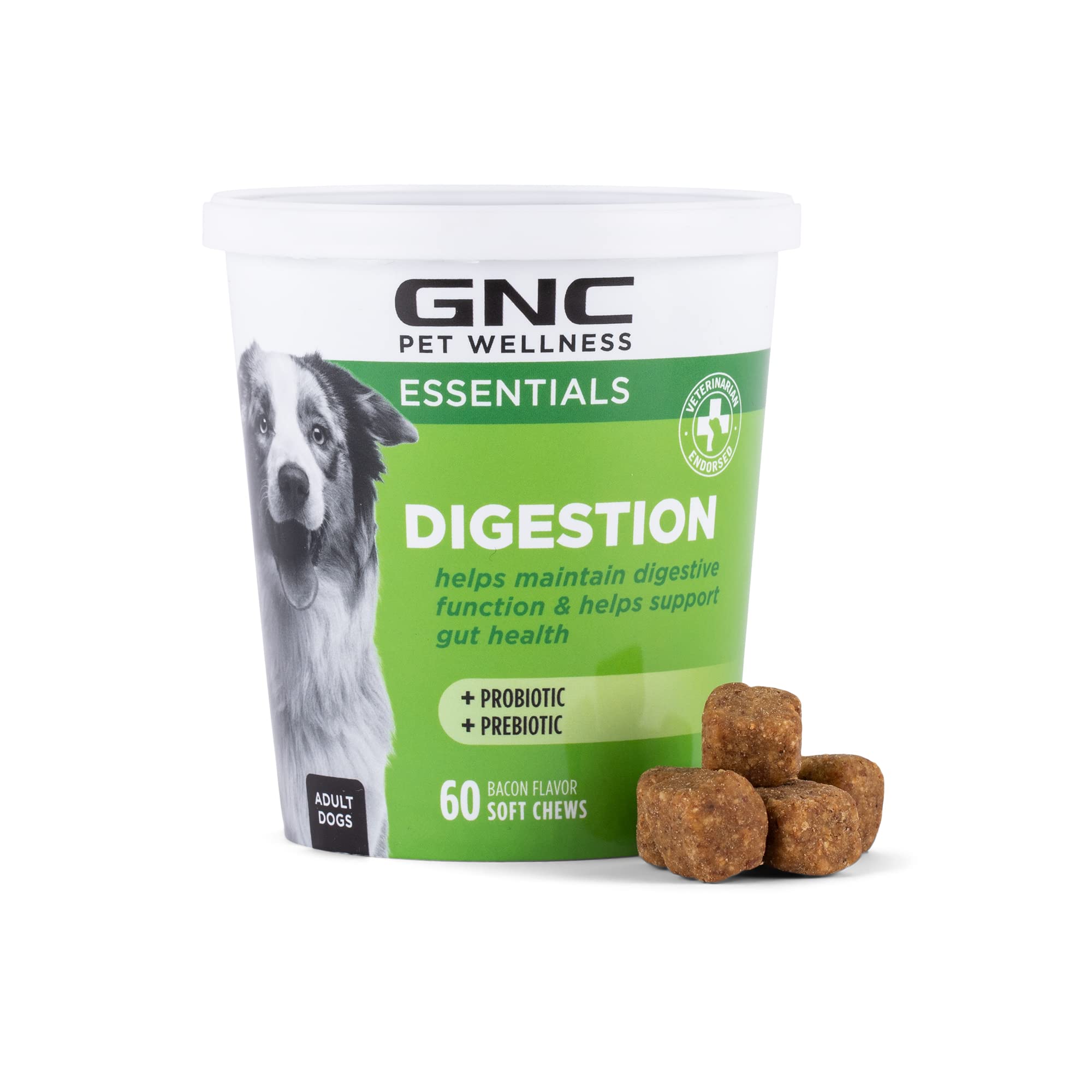 Gnc Pets Essentials Digestion Supplements For All Dogs 60Ct 22G Soft Chews Bacon Flavor 12Oz Reusable Container Daily Supplement