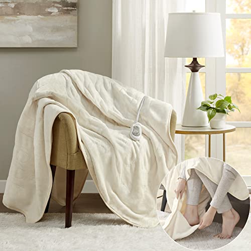 Degrees of Comfort Micro-Plush Heated Blanket With Foot Pocket, Ivory,  50X62 Inch Soft Toe Warmers Electric Throw Blankets For Couch 3 Heat Setting