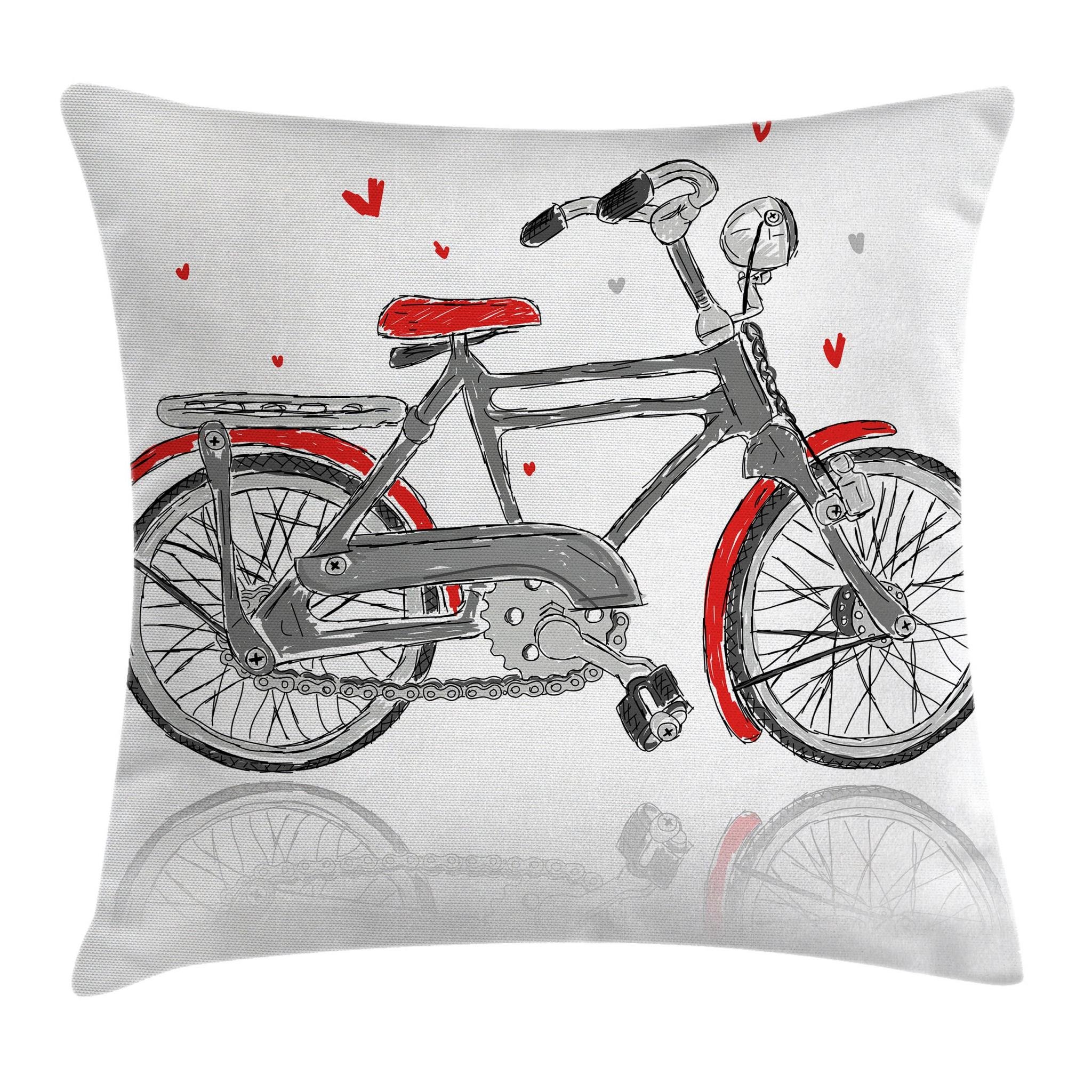 Ambesonne Romantic Throw Pillow Cushion Cover, Sketchy Hand Drawn Illustration Of A Bicycle Vintage Bike Hearts Art Print, Decor