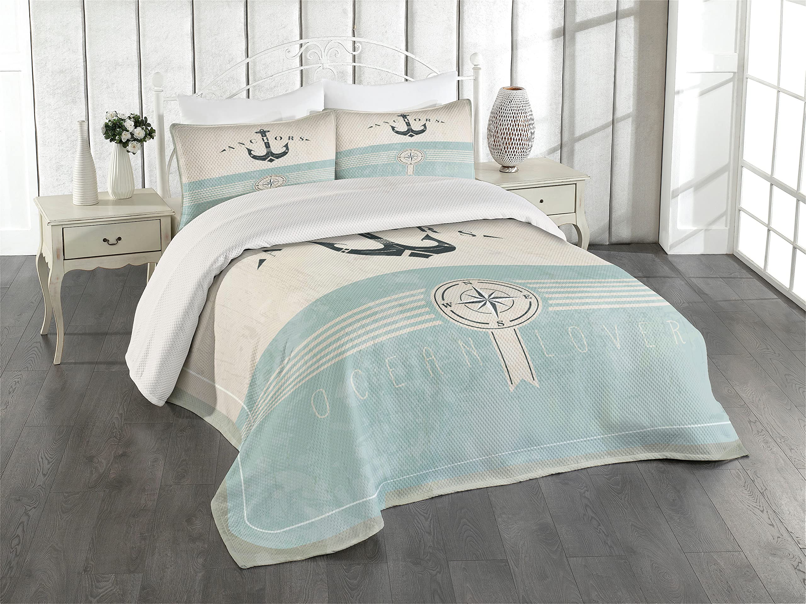Lunarable Nautical Coverlet Set Twin Size, Aged Ocean Lover Phrase with Anchor and Compass Marine Adventure Design, 2 Piece Deco