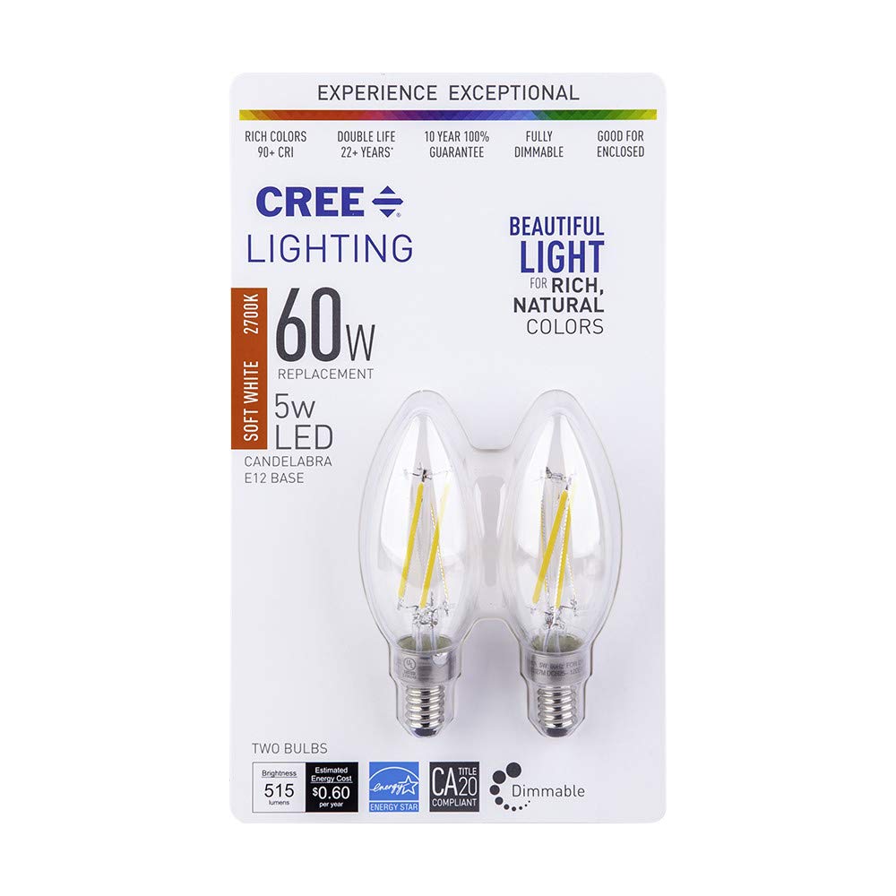 Cree Lighting B11 Clear Glass Filament Candelabra 40W Equivalent Led Bulb, 350 Lumens, Dimmable, Soft White 2700K, 25,000 Hour R