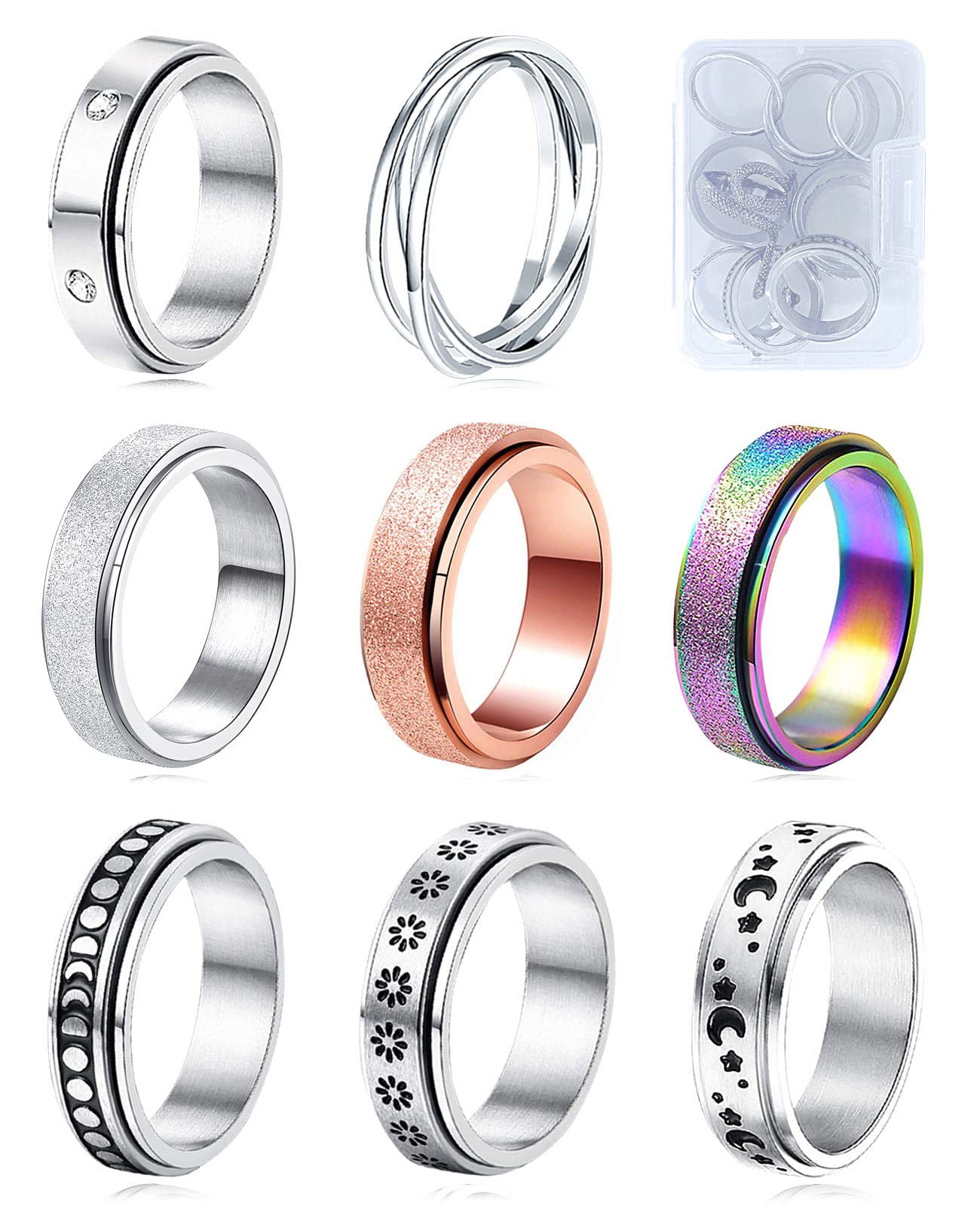 MUCAL Fidget Rings for Anxiety 8pcs Stainless Steel Spinner Ring