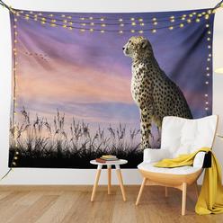 Lunarable cheetah Tapestry King Size, Savannah concept Image of cheetah Looking Out Over Savannah with Sunset Sky, Wall Hanging