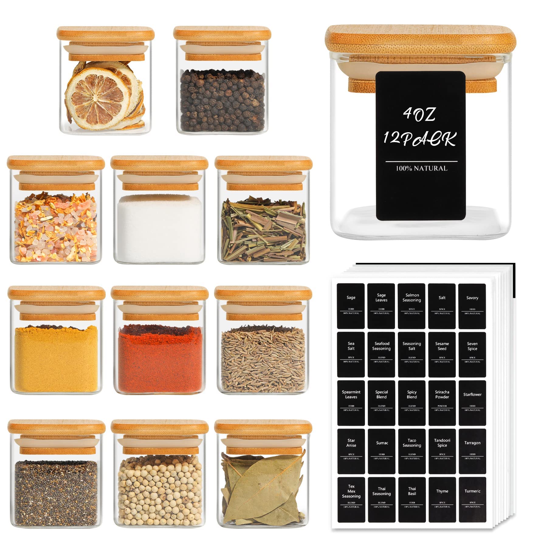 comsaf H3LLNI4827 Comsaf 12Pcs Glass Spice Jars With Bamboo Lid, 4Oz  Airtight Square Spice Containers With 275 Black Lables, Empty Seasoning Jars