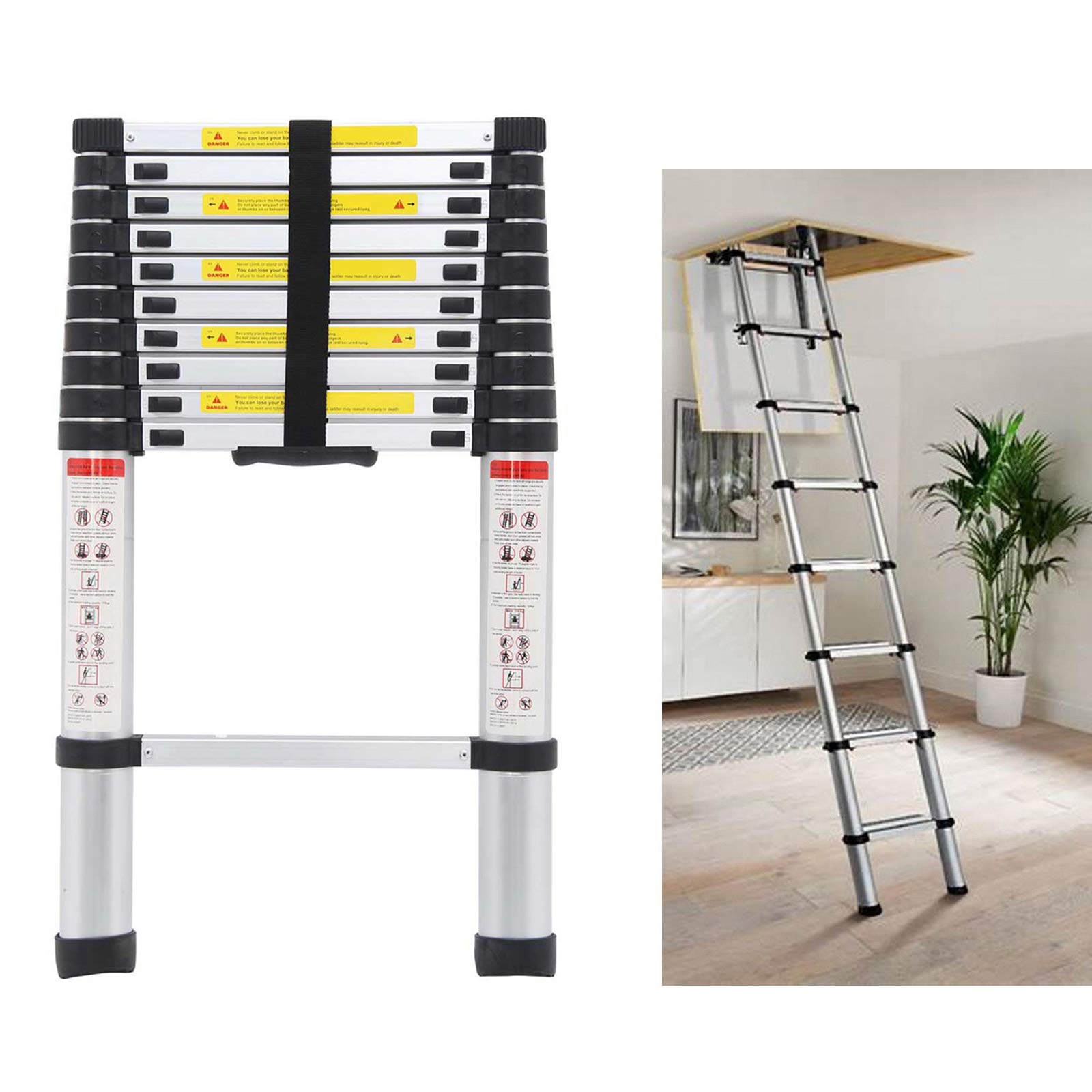 DICN Telescoping Loft Ladder Extension Ladders 105Ft 330Lbs Max Load For Attic Loft Rv Roof Home Office, Aluminum Light Weight Easy T