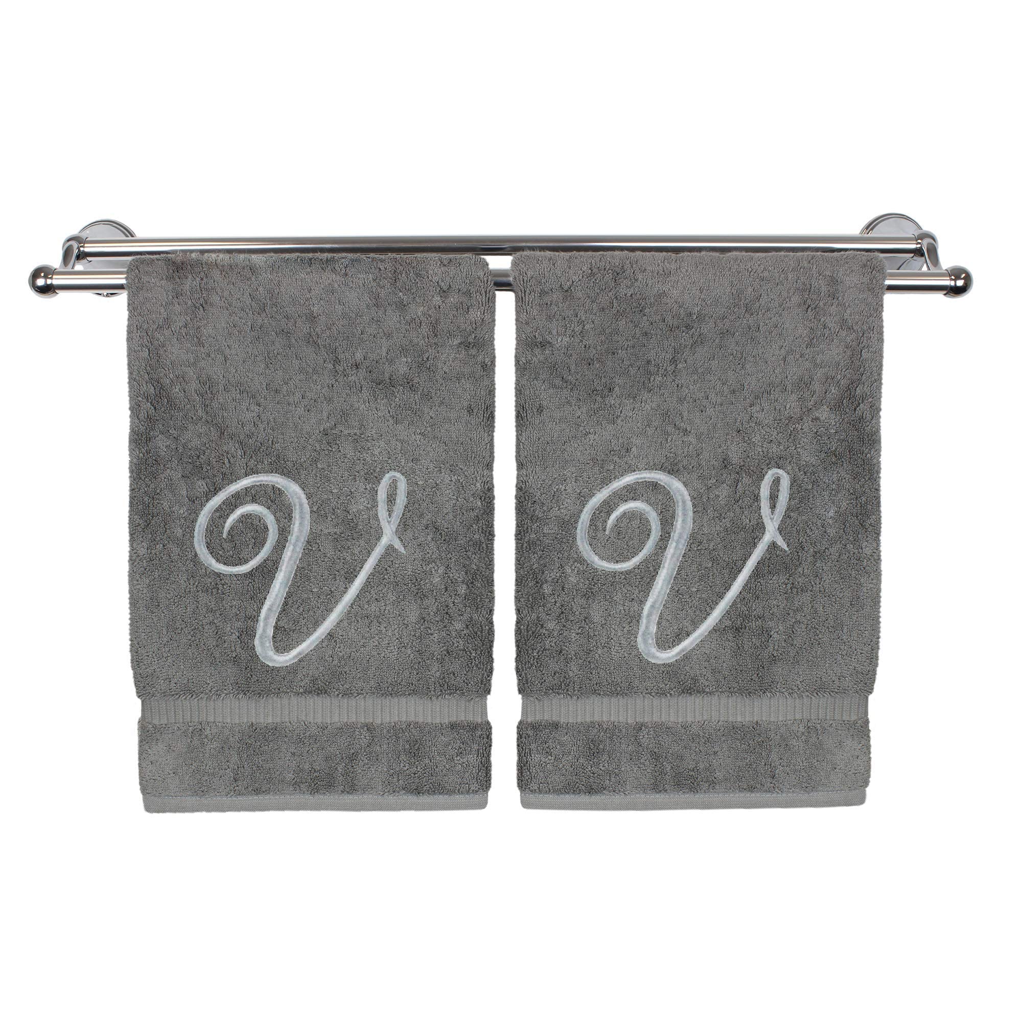 BC BARE COTTON Monogrammed Hand Towel, Personalized Gift, 16 X 30 Inches - Set Of 2 - Silver Embroidered Towel - Extra Absorbent 100 Turkish Co