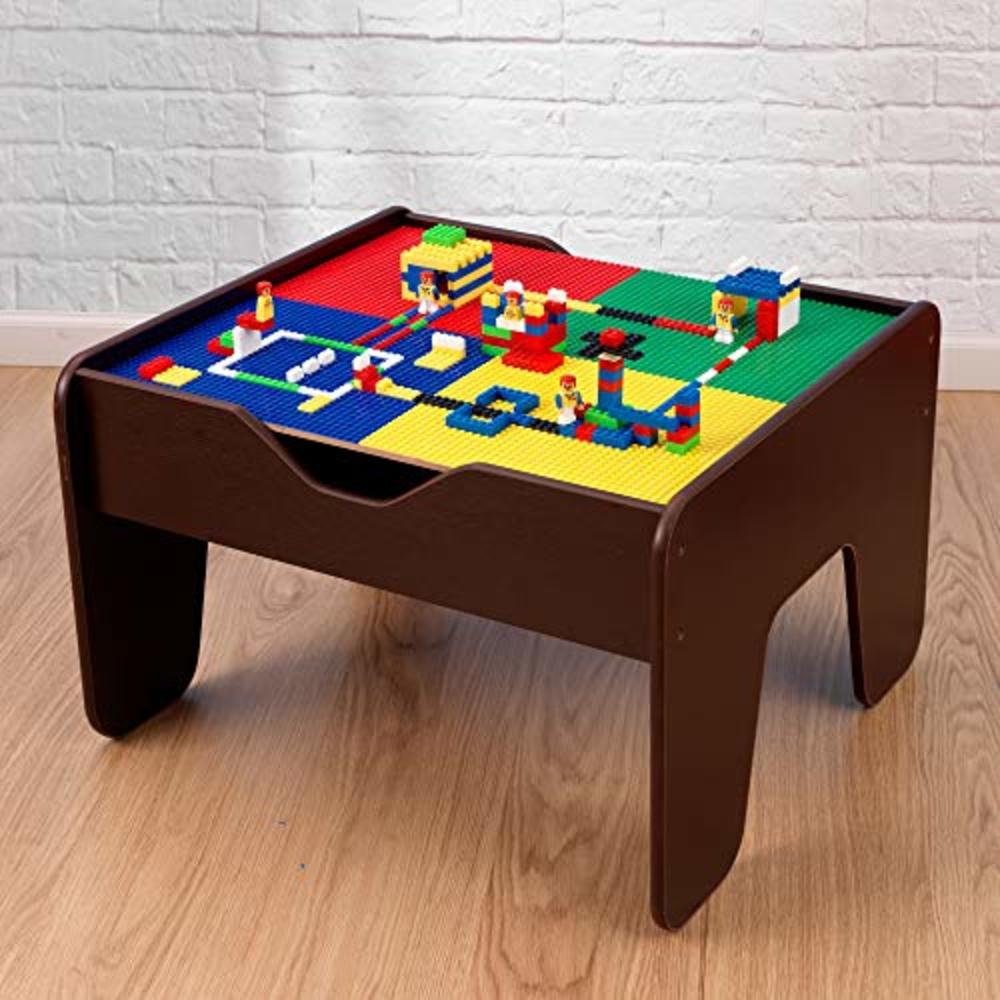 Kidkraft 2-In-1 Reversible Top Activity Table With 200 Building Bricks And 30-Piece Wooden Train Set, Espresso, Gift For Ages 3+