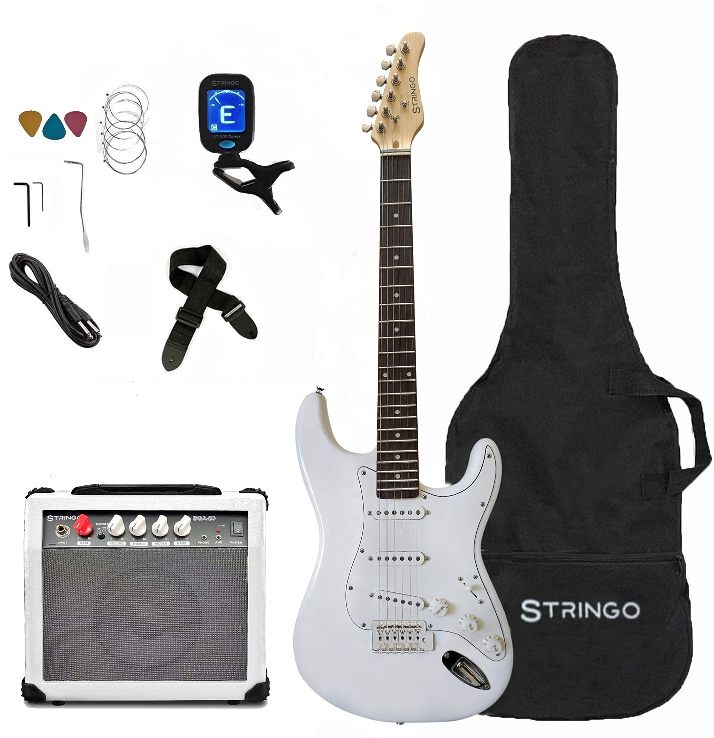 Stringo White Electric Guitar Beginner Kit Full Size 39 Inch Set Includes Tremolo Guitar, 20W Amplifier 3 Picks, Shoulder Strap, Tuner,