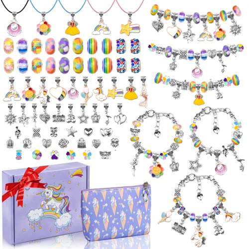 Anicco Charm Bracelet Making Kit with Beads, Pendant Charms, Bracelets, and Necklace for DIY Craft Gifts for Teen Girls Age 8-12, Metal
