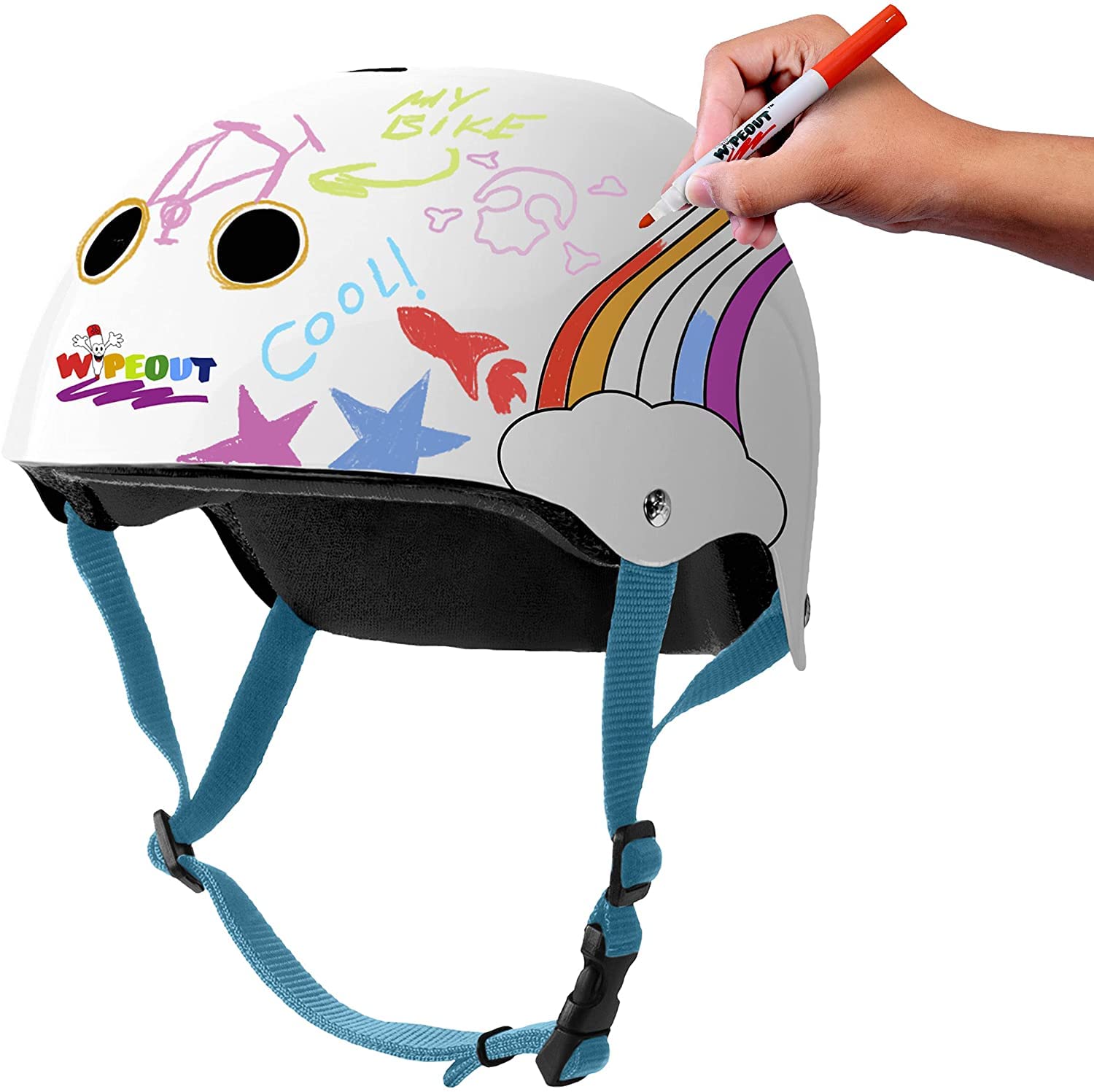 Triple Eight Wipeout Dry Erase Kids Helmet for Bike, Skate, and Scooter, White Rainbow M 5+