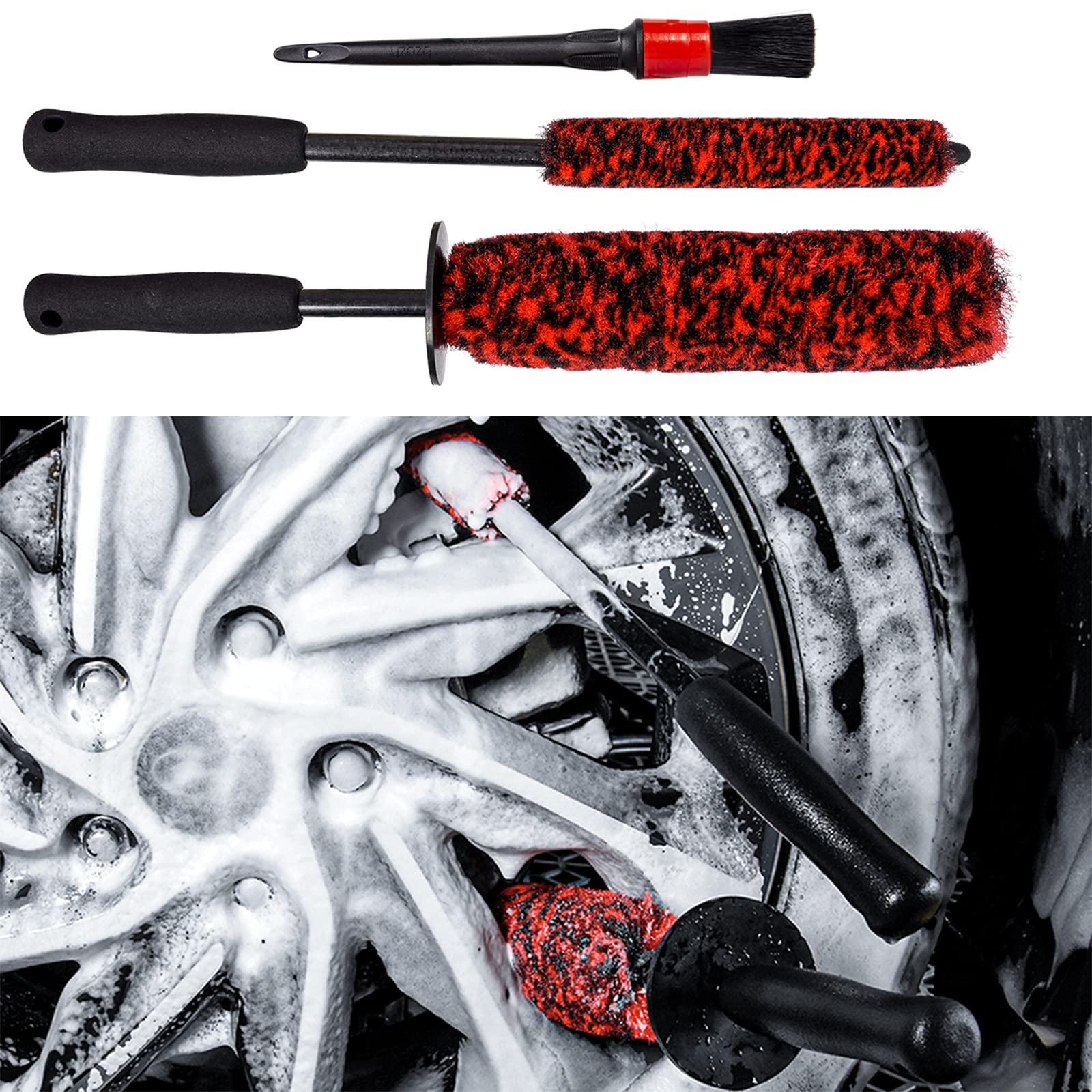Bzczh 3 Pcs Soft Wheel Brushes For Cleaning Wheels Kit - 1X Synthetic Soft Car Wheel Rim Brush,1X Long Handle Cleaning Brush And