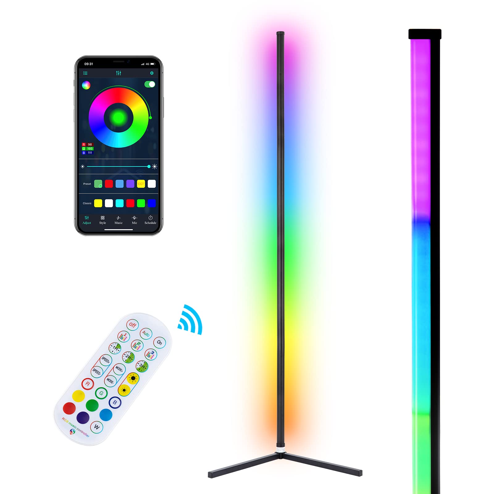 Wisimmall Rgb Corner Floor Lamp, Bluetooth App And Remote Control Music Sync Led Modern Floor Lamp For Living Room, Light Timing