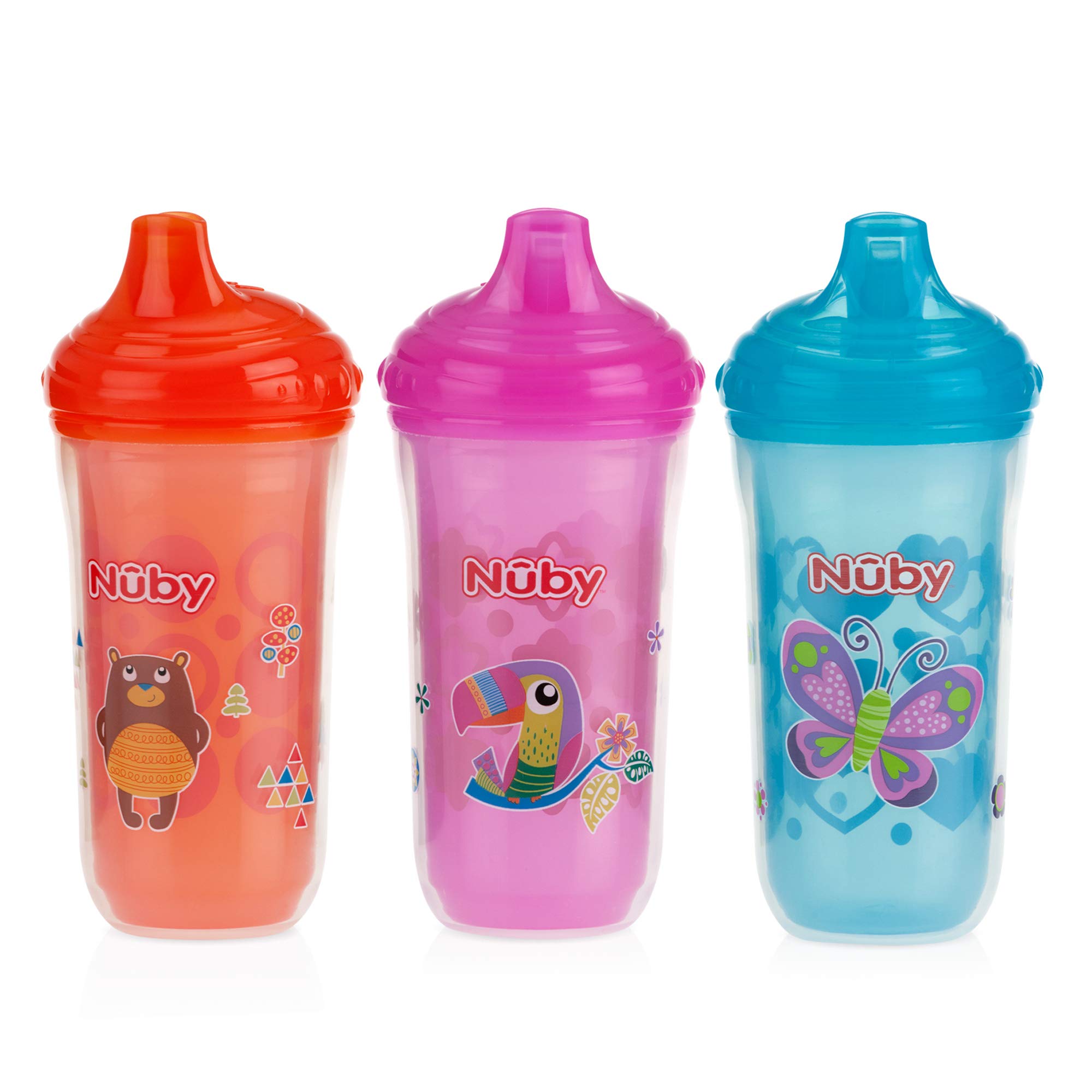 Nuby,Plastic Insulated No Spill Easy Sip Cup With Vari-Flo Valve Hard Spout, Girl, 3 Count,9 Ounce