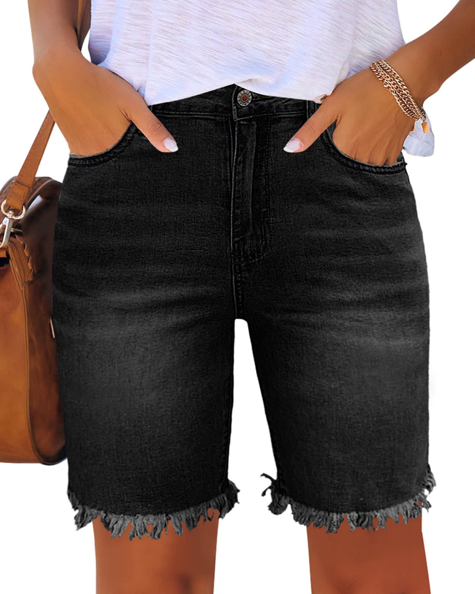 Utyful Womens Bermuda Jeans Shorts Summer Raw Hem Distressed Denim Shorts Raw Hem-Black Xx-Large