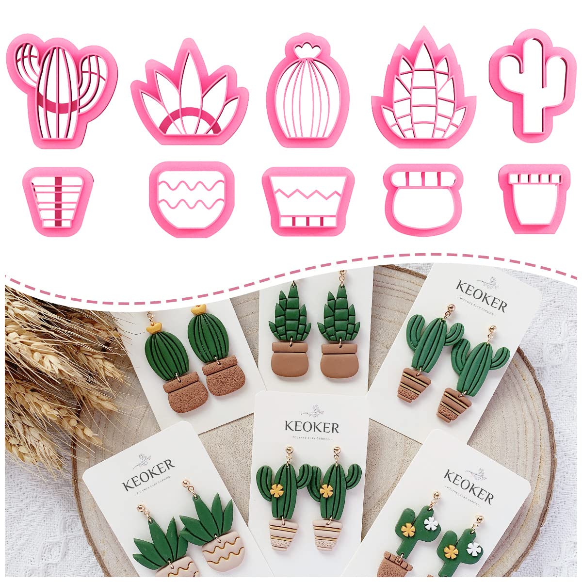 Keoker Clay Cutters For Polymer Clay Jewelry, Cactus Polymer Clay Cutters  For Earrings Jewelry Making, 10 Shapes Potted Plant Cl