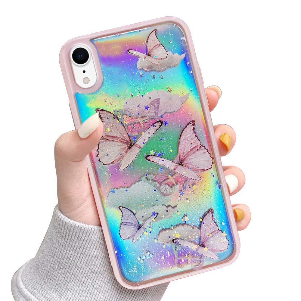 Lchulle Girly Case For Iphone Xr Case Cute Iridescent Butterfly Design Laser Bling Glitter Stars For Girls Women Soft Tpu Bumper