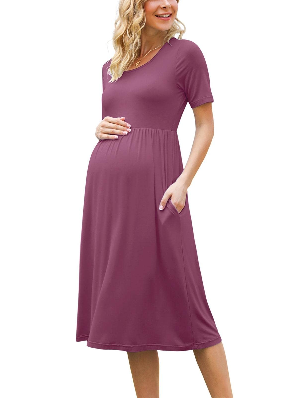 Xpenyo Womens Casual Short Sleeve Empire Waist Maternity Dress Midi Pregnancy Dress With Pockets Purplish Red Xl