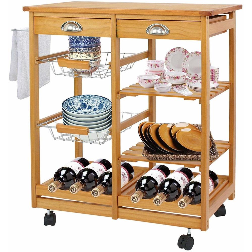 Homgarden Wood Rolling Kitchen Island Storage Cart Dining Trolley Microwave Cart W/Drawer Shelves Basket Stand Counter Top Table