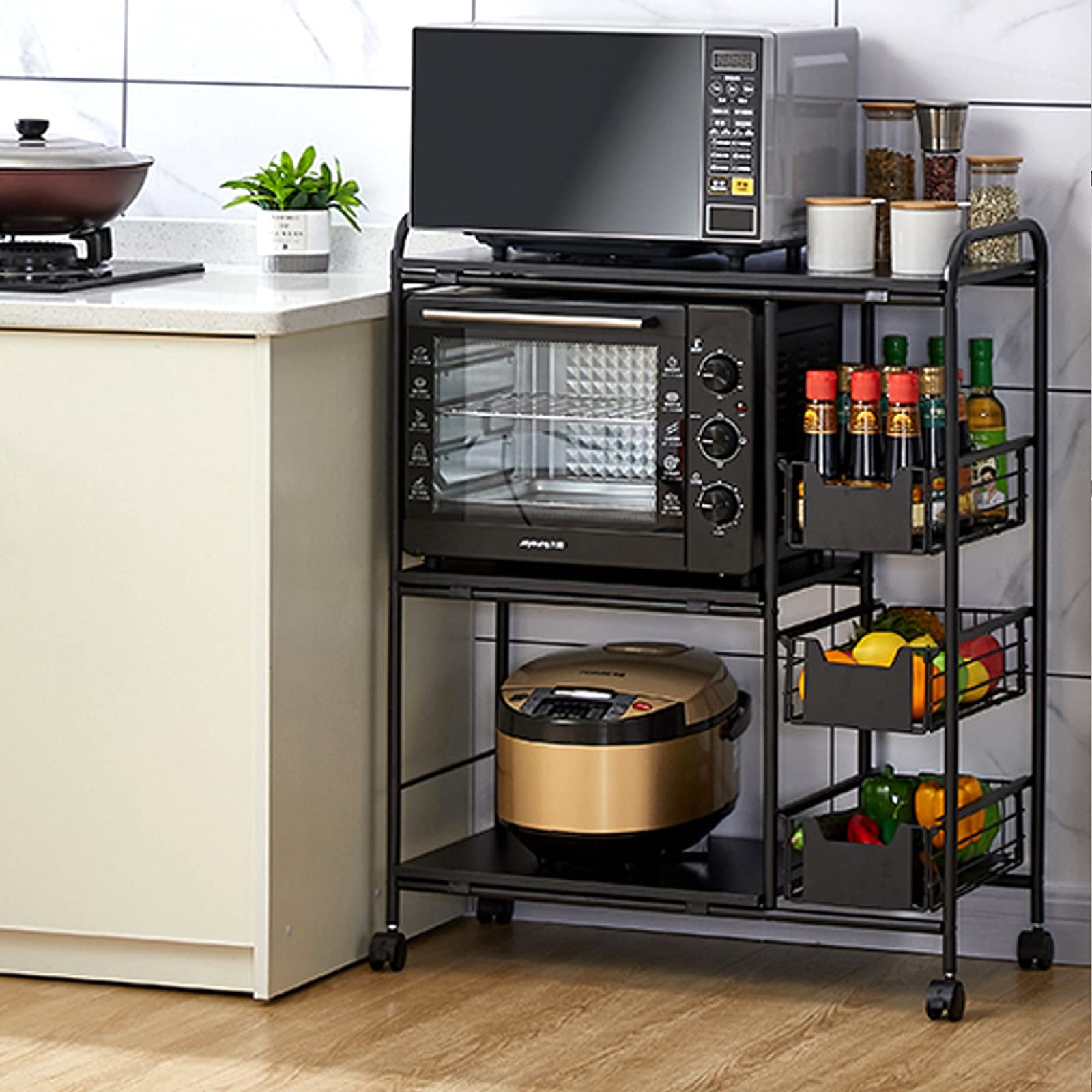 Hemeto 3-Tier Kitchen Standing Bakers Rack, Microwave Oven Stand Rack, Kitchen Cart With Storage Basket