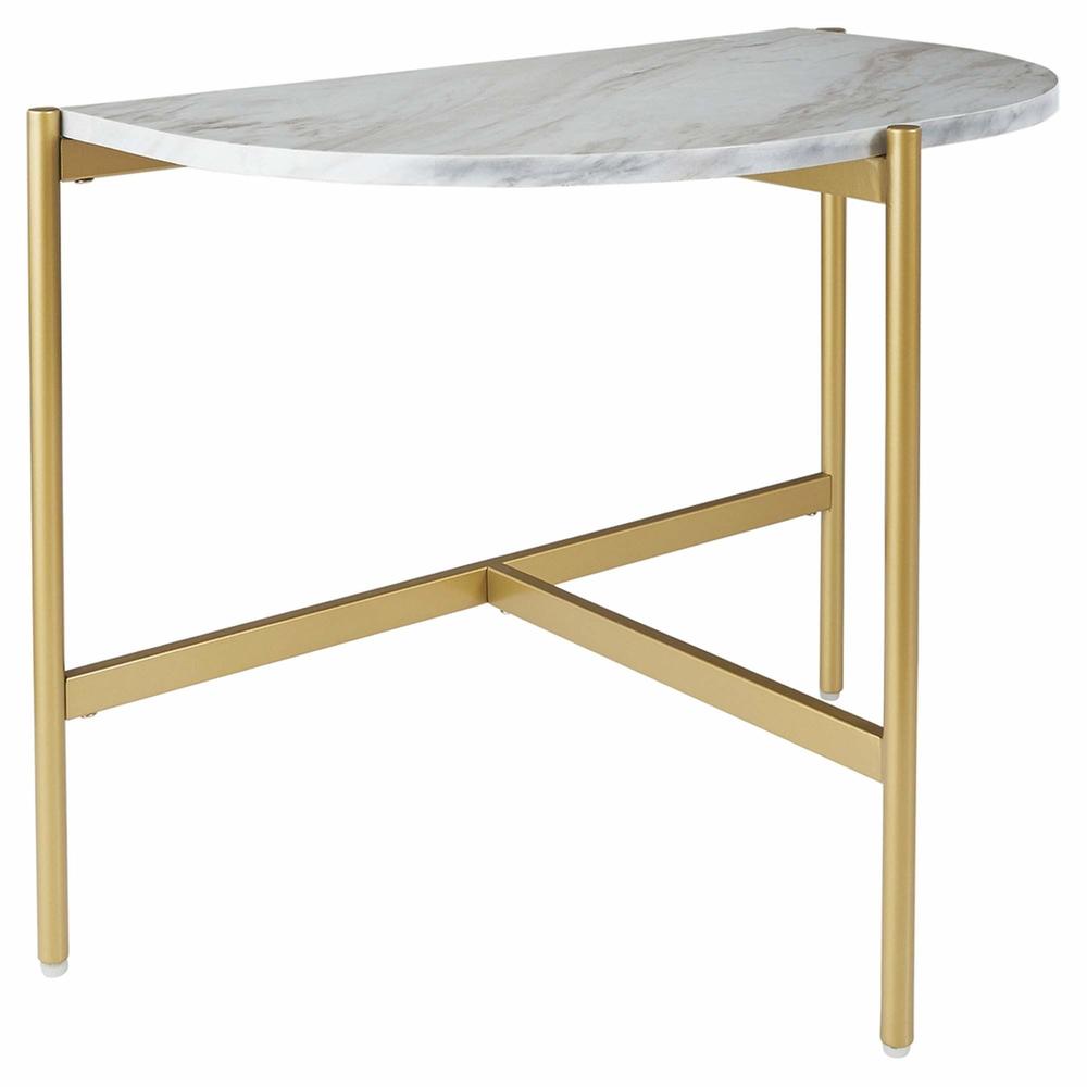 Benjara Crescent Moon Shaped Marble Top Metal Chair Side End Table, White And Gold