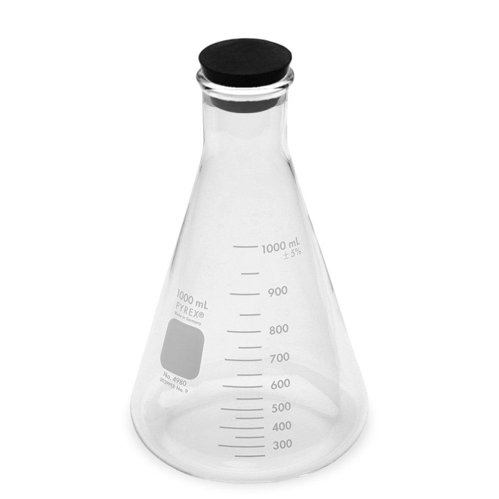 Corning Pyrex #4980-1L, 1000ml Narrow Mouth Erlenmeyer Flask with Rubber Stopper (Pack of 6)