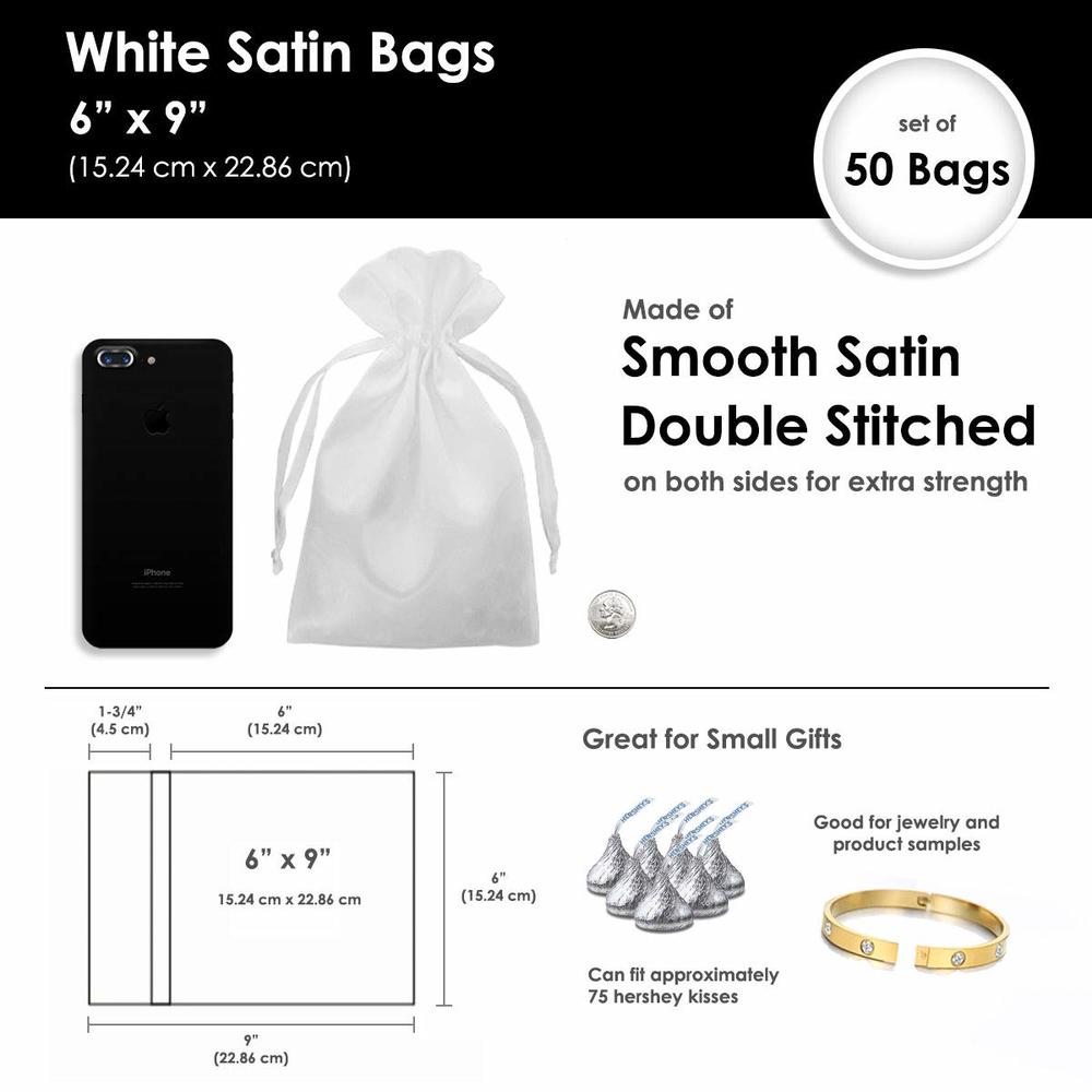 Knitial 6" X 9" Satin White Gift Bags, Jewelry Bags, Wedding Favor Drawstring Bags Baby Shower Christmas Gift Bags 50 Per Pack