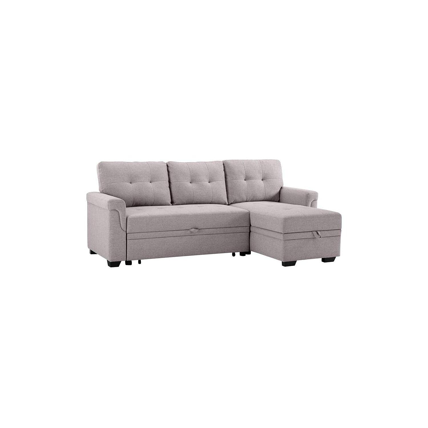 Lilola Home Linen Reversible Sleeper Sectional Sofa With Storage Chaise, Light Gray