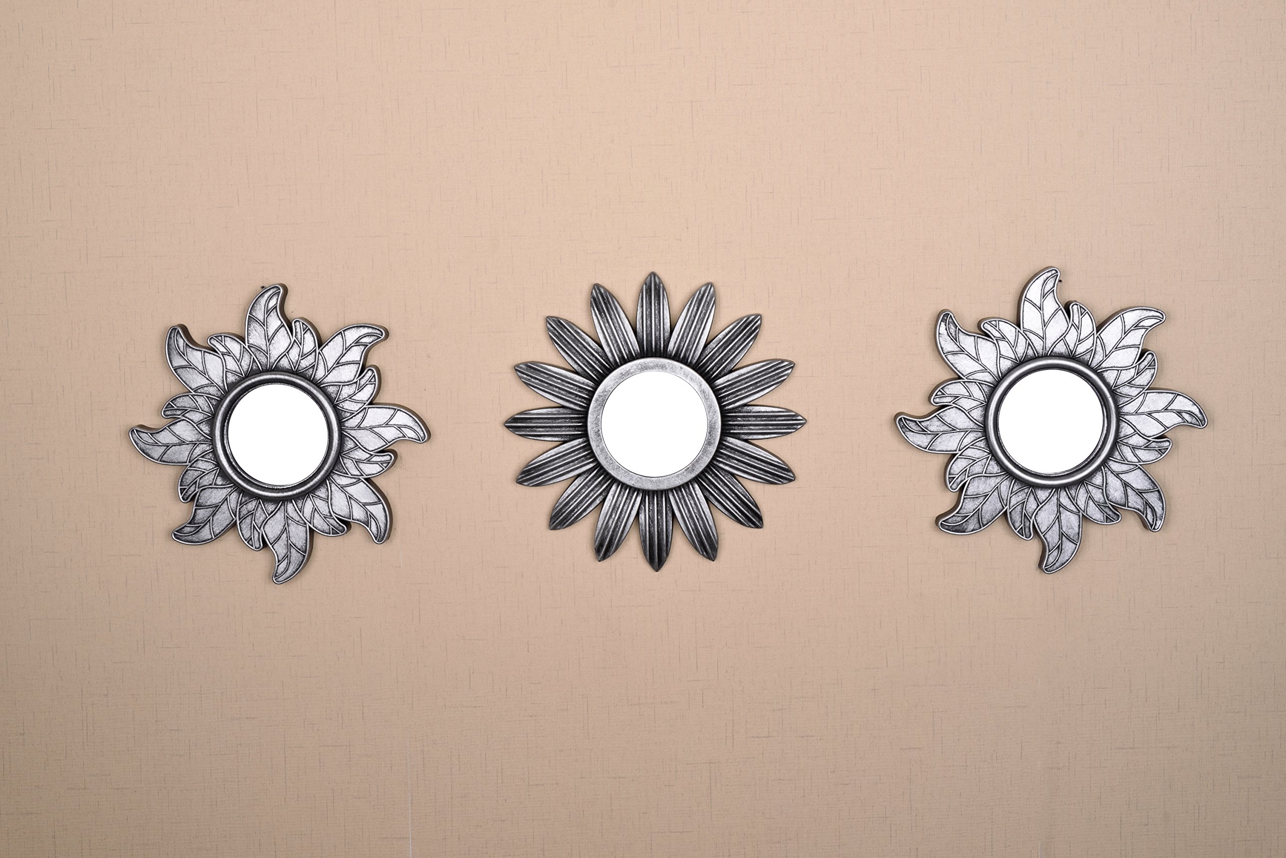 All American Collection New Seperated 3 Piece Decorative Mirror Set, Wall Accent Display (Silver Flower And Sun)
